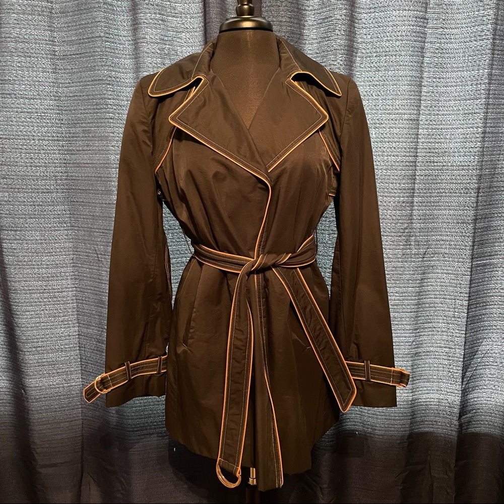 Black and tan leather trim rain coat
